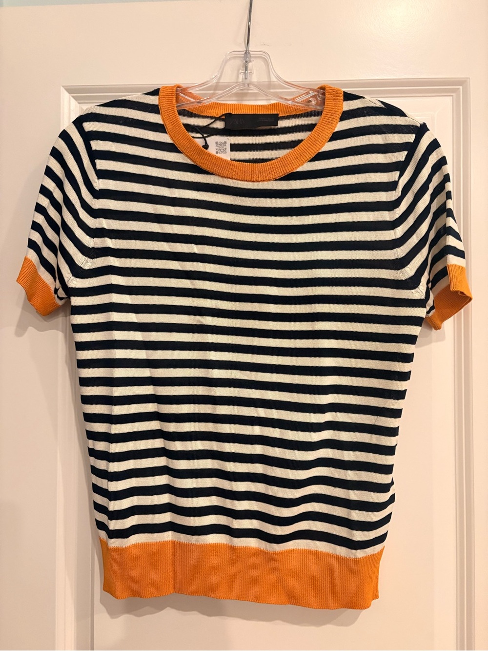 Zara Black & White Striped Short-Sleeve sweater with mustard colored Trim